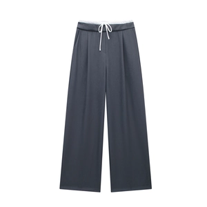 Dunkelgraue Damen-Hose mit weitem Bein, Lagen-Taille und weißem Kordelzug-Detail