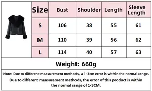 Size guide table for the faux fur trim leather jacket with detailed measurements