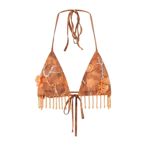 Haut de bikini licou tie-dye pour femmes avec broderies florales et franges perlées