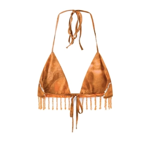 Haut de bikini licou bronze métallisé avec franges en perles pour un style de vacances