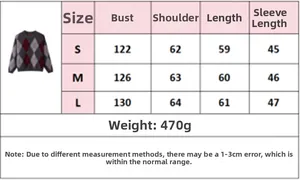 Detailed size guide table for women's French argyle jacquard knit sweater in S M L sizes
