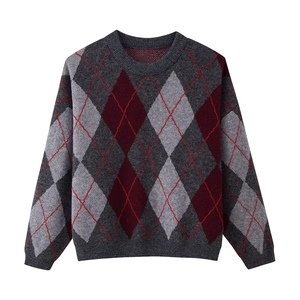 Women Retro Argyle Knitted Sweater Loose Crew Neck Long Sleeve Pullover Jacquard Color Block Autumn Winter Warm Jumper