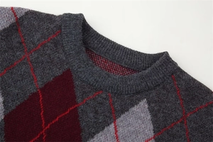 Detail of crew neckline and classic argyle knit pattern in dark grey and burgundy