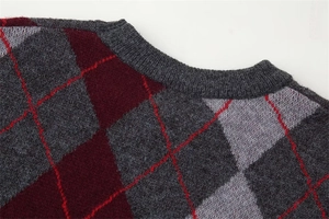 Detailed close-up of the round neckline and soft argyle jacquard pattern on a knit sweater