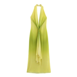 Summer yellow green gradient halter maxi dress with deep V-neck and twist knot detail