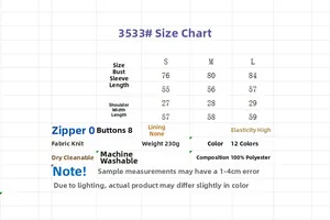 Size chart for women's knitted top listing measurements and material specifications