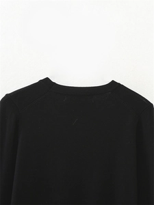 Detailed close-up showing the fine knit texture and neckline of this black round-neck sweater