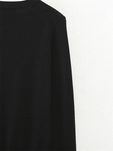 Detailed view of black knitted sweater showing fine plain knit texture and shoulder seam