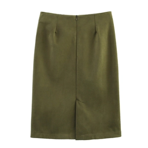 Detail view of olive green midi pencil skirt with hidden back zipper and slit