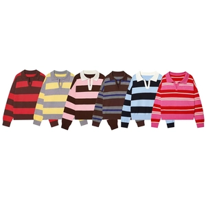 Striped long sleeve knit polo shirts for women in six various vintage color combinations