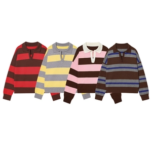 Striped knit polo sweater for women with V-neck collar in four diverse color patterns