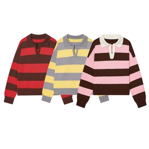 Three long-sleeved striped Polo knit sweaters in red, yellow, and pink colors