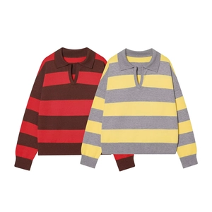 Close-up of long-sleeved striped knit polo shirts with V-neck collars in two colorways