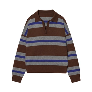 Detail of knit POLO neck and striped texture on oversized long sleeve sweater