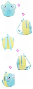 Detail view of plush elephant backpack with adjustable straps and zipper closure