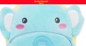 Close-up of facial embroidery on light blue elephant plush backpack for kids