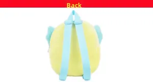 Detail view showing the back of the plush yellow kids backpack with adjustable blue straps