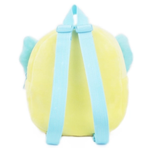 Cute yellow and blue plush backpack for kids featuring soft wings and adjustable straps