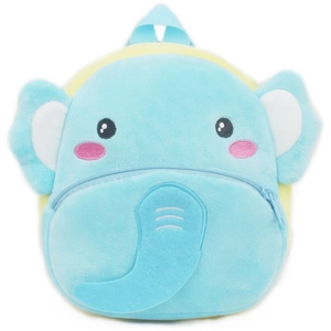 Cute blue plush elephant backpack for toddlers with yellow straps and cartoon features