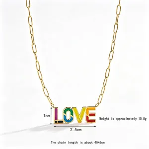 Golden titanium steel necklace with colorful enamel LOVE pendant and paperclip chain