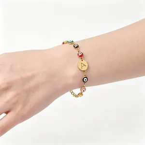 Evil Eye Bracelet 18K Gold Plated Stainless Steel With Colorful Enamel Beads And Initial Letter Round Tag For Women