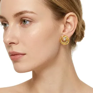 Spiral Stud Earrings With Teardrop Zircon 18K Gold Plated Stainless Steel Vintage Minimalist Style For Women