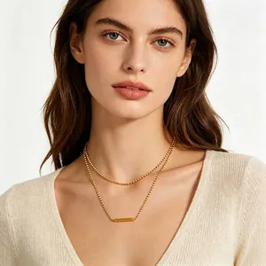 Layered Ball Chain Necklace Stainless Steel 18K Gold Plated Geometric Bar Pendant Fashion Jewelry For Women Elegant