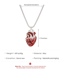 Detailed size chart for anatomical heart necklace showing 60cm chain and 4.5cm pendant
