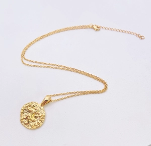 Macro detail of 18k gold plated lion coin pendant with lobster clasp and adjustable chain