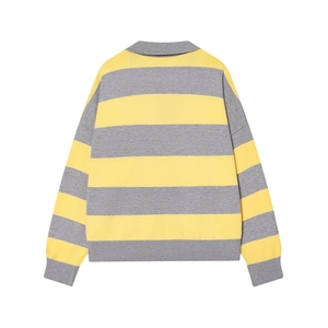 Back view of a grey and yellow striped long-sleeve knit polo sweater with a collar