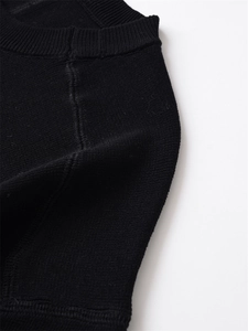 Detail of crew neck and shoulder seam on this black high-density knit short sleeve top