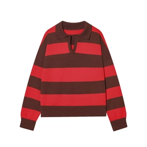 Detailed flat lay of striped polo neck knitwear with red and brown stripe pattern