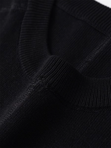 Close-up of a black knit sweater featuring a ribbed crew neck and high-quality stitching