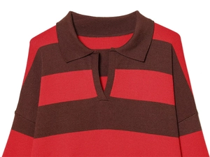 Detail of red and brown striped knit Polo shirt collar and buttonless V-neckline texture