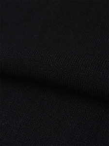 Close-up of fine black knit fabric texture showing professional stitch detail