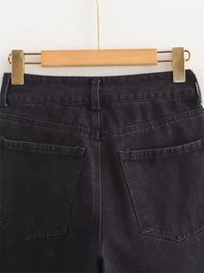 Detail of charcoal black washed denim jeans rear pockets and high-quality stitching