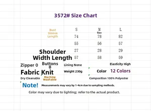 Detailed size chart for winter knit top showing S/M/L measurements and fabric specs