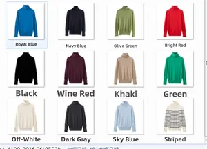 Detail view of 12 color options for the high-neck knit sweater with buttoned cuffs