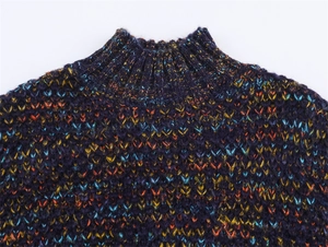 Detailed macro view of the colorful mixed-knit texture and ribbed mock neck of this sweater