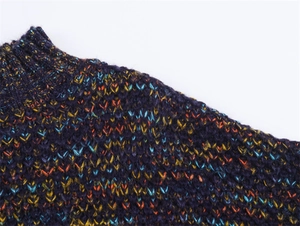Close-up of deep purple mélange knit sweater showing chunky textured fabric details