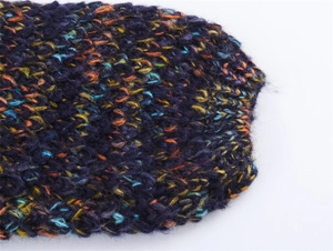 Detailed macro view of the purple wool blend knit fabric with colorful fiber speckles