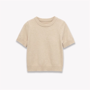 Minimalist light beige short sleeve knit sweater with ribbed crew neck and soft texture