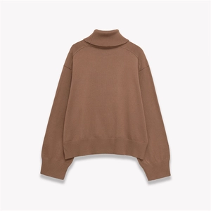 Women's dark brown winter wool knit sweater with high neck and relaxed shoulder fit