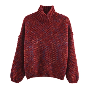 Women high-neck chunky knit sweater in deep red marled yarn with colorful flecks