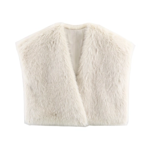 Elegant Faux Fur Vest For Women Solid Color V Neck Sleeveless Short Jacket Shaggy Faux Fox Fur Waistcoat Outerwear