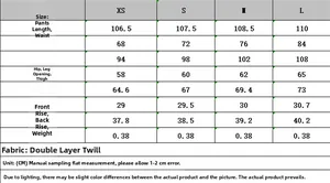 Detailed size chart for straight-leg trousers in double-layer twill with XS to L measurements