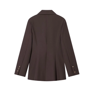 Detailed back view of dark brown tailored blazer with elegant gold buttons on the cuffs