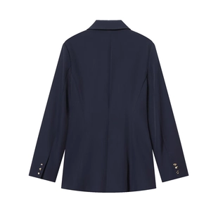 Rear view of a slim-fit navy blazer featuring elegant gold button accents on the cuffs