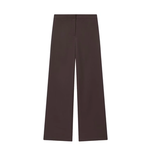 Detailed flat lay of dark brown high-waisted wide-leg trousers with a smooth finish