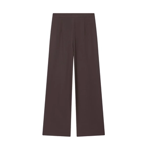 Detailed back view of high-waisted wide-leg trousers in chocolate brown with waist darts